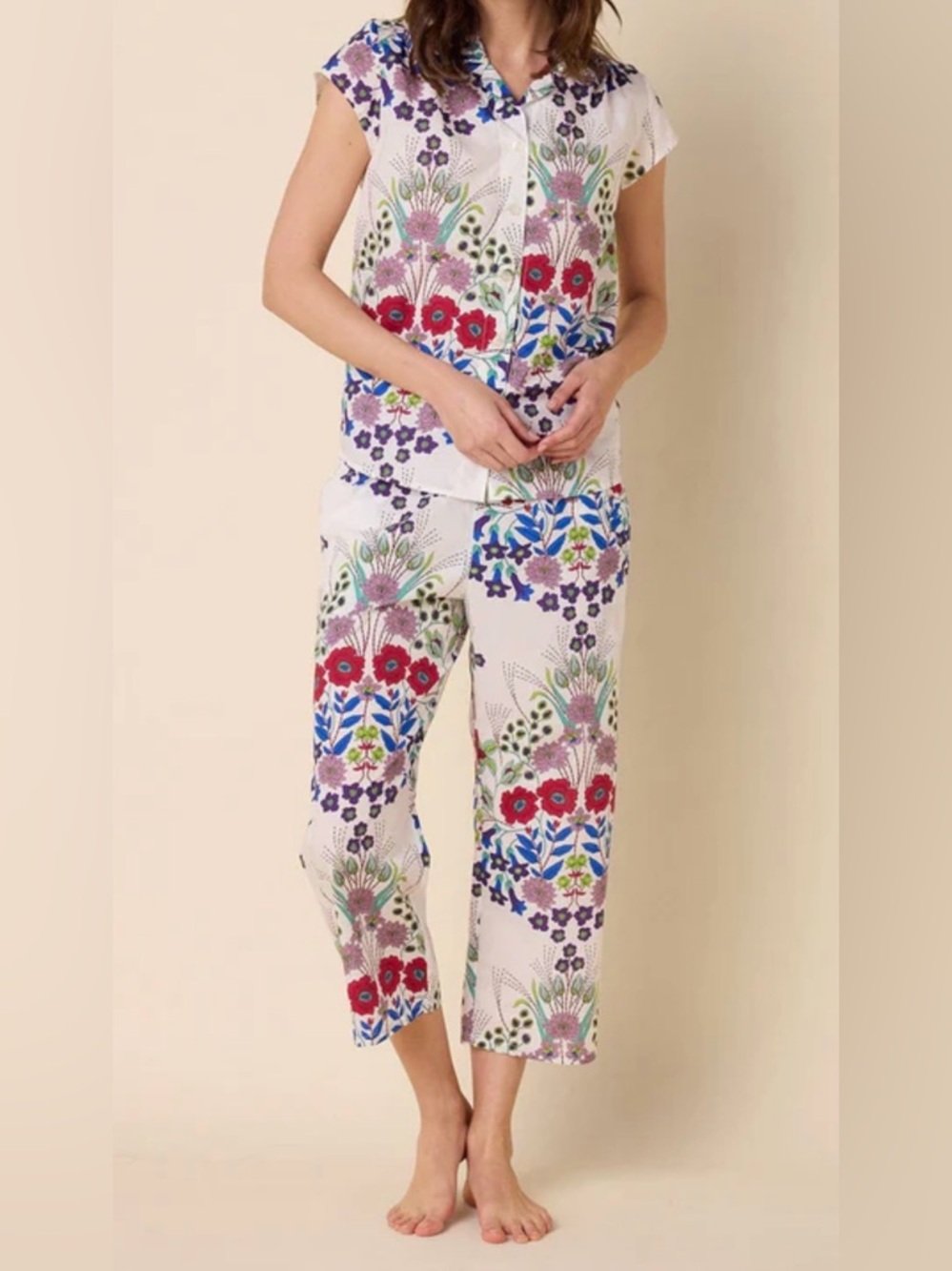 Floral Printed Wide-Leg Cropped Pants - White Multi